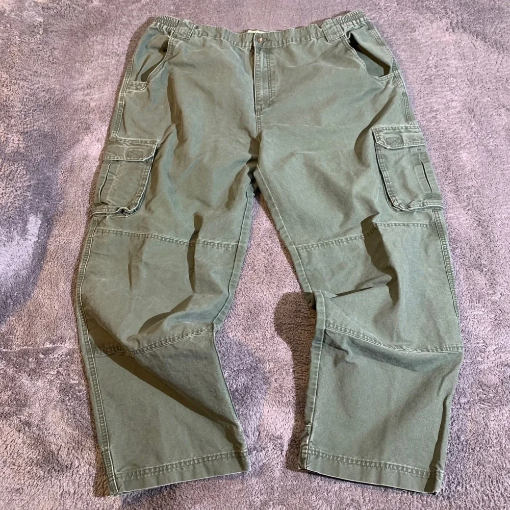 Cabelas Trail Hiker Mens Cargo‎ Pants Olive Green Canvas Elastic Waist 44x32